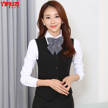 伊木子马甲女 银行酒店服务员工作服职业装马甲套装女 空姐制服858M 黑色单马甲 M