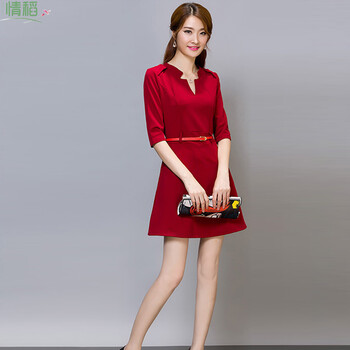 情稻连衣裙秋2015秋款女装时尚修身ol气质职业连衣裙大码气质淑女裙OL01 酒红色 M