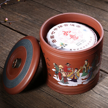 尊壶 宜兴紫砂茶叶罐 陶瓷大号 普洱茶饼密封罐 彩绘七子饼茶罐 清水泥段泥牡丹