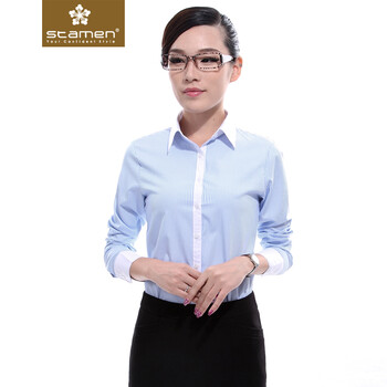 
                                        stamen 2017女装新品 白领职业衬衫女长袖香槟竖条纹长袖衬衣气质修身职业装工作装 香槟白襟蓝条长袖 M                