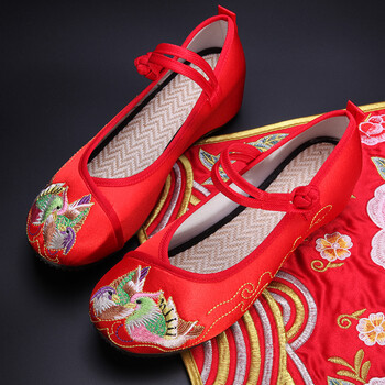 夏新款中式婚鞋新娘花布鞋女内增高红色布鞋女秀禾鞋绣花鞋 鸳鸯戏水
