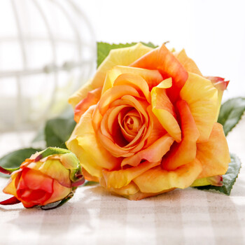 高仿真两头手感玫瑰花仿真花假花装饰花绢花欧式客厅仿真花艺 橘红色