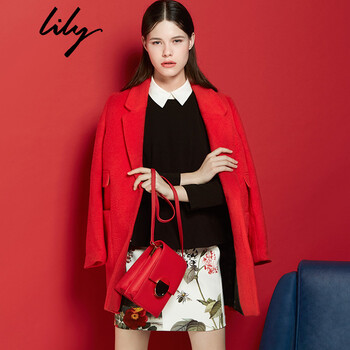Lily冬装新款女装修身纯色暗扣中长款毛呢外套114420H1112 大红-17色 165/88A/L