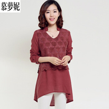 慕萝妮春秋装新款雪纺衫女韩版V领长袖女装上衣立领宽松大码长款蕾丝拼接百搭打底衫 酒红色 XL