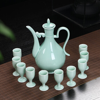 仿古代酒壶酒杯古朴酒盅家用烈酒可当摆件酒具陶瓷酒壶杯子套装 青瓷