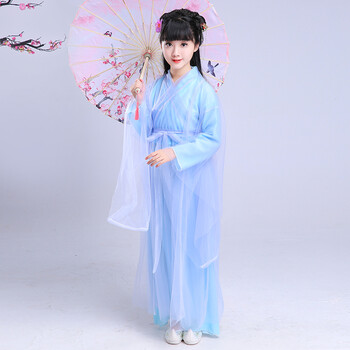 儿童改良古装公主仙女服装 小孩清新淡雅古代衣服 浅蓝色 110cm(110码
