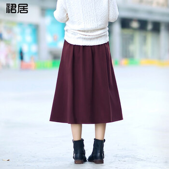 裙居秋冬纯棉中长裙 女装2015新款中长款半身裙 黑色 M