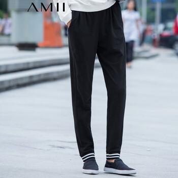 Amii【极简主义】秋轻运动风条纹松紧带中低腰修身大码休闲裤女11571294 黑色 L