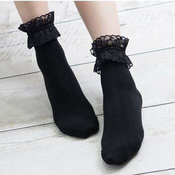 北极绒女棉底蕾丝水晶中筒袜透明隐形船袜防滑短袜 5双 花边棉袜:黑色