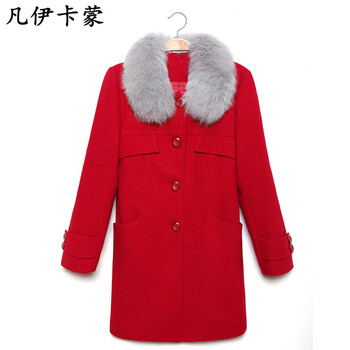 凡伊卡蒙2015秋冬新款呢大衣女韩版修身毛呢外套单排扣中长款毛呢大衣女357 大红色 L