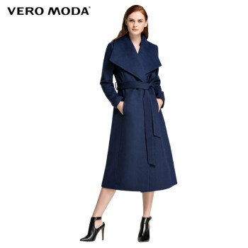 Vero Moda优雅大翻领长款羊毛大衣|315327003 031深蓝 165/84A/M