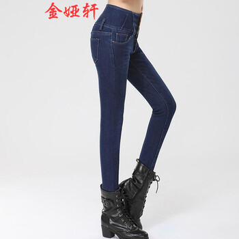 金娅轩冬装女装韩版加绒加厚牛仔裤铅笔裤小脚裤长裤女 黑色加绒 28码