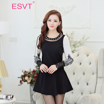 ESVT 韩版2015秋季新款雪纺衫秋女时尚简约印花修身显瘦圆领长袖连衣裙 女 黑色小衫+黑裙8590 L
