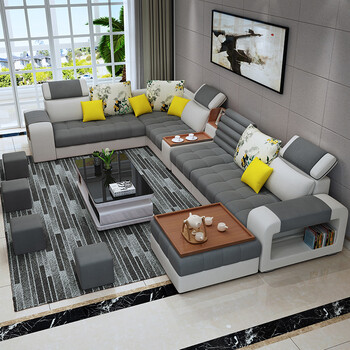 布艺沙发大小户型可拆洗客厅沙发组合套装经济型整装家具 米色 绒布