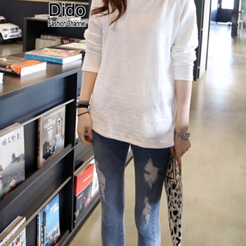 dido2016t恤女宽松打底衫女韩版纯色长袖T恤女春装大码女装 白色 L