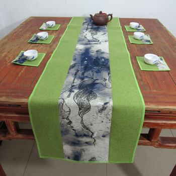 棉麻布绿色茶席茶旗茶帘中式禅意桌旗茶台布长条中国风日式复古典