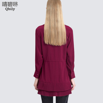 晴碧琳衬衣2015女新款秋装长袖 翻领收腰系带百褶中长款衬衫裙 酒红色 XS