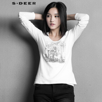 圣迪奥sdeer 2015年秋冬新款女写意涂鸦印花女士T恤S15380272 漂白/90 M