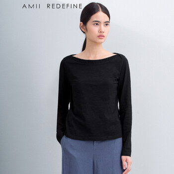 Amii Redefine2015秋冬新文艺修身大码一字领拼接T恤女 暮黑 L