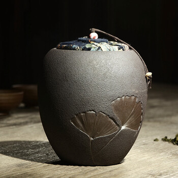 茶叶罐 普洱干货密封罐 花茶红茶茶叶包装盒 复古树叶拓印 粗陶茶叶罐 款式一
