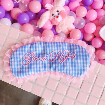 软妹可爱格子刺绣字母花边小清新午休睡眠遮光眼罩学生少女心 蓝色