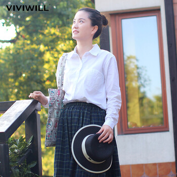 
                                        VIVIWILL衬衫女长袖2017春季时尚白色棉衬衣修身显瘦打底衫 白色 均码                