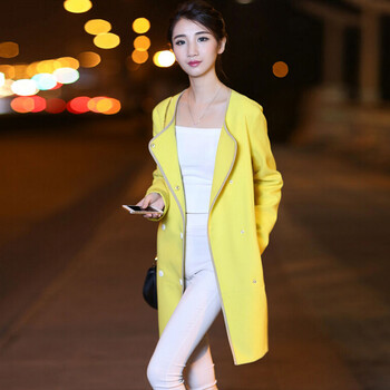 婕芙兰 2015秋装新款韩版中长款呢子风衣外套 5375 明黄色 XL