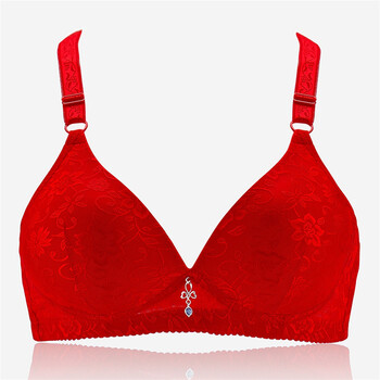 yu中老年人文胸无钢圈薄款红色吊带式运动大码胸罩妈妈内衣女无钢圈sn