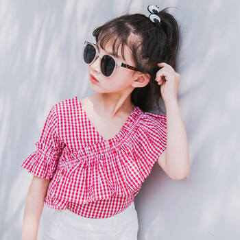 儿童衬衫女夏女童娃娃衫夏季2018新品红白格斜肩儿童宝宝韩版百搭衬衣