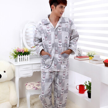 bdker卡通珊瑚绒v领开襟家居服情侣套装 男款 浅灰色 XXL