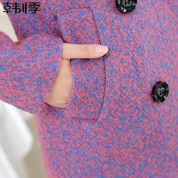 韩悸2015秋冬季新款女装韩版时尚修身双排扣中长款毛领毛呢大衣女外套HJ9801 玫红色 9801 M