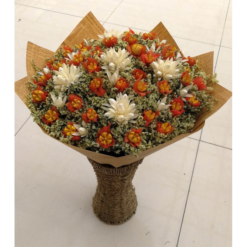干花草粘花捧花永生花真花束 橙色灯笼果套黄色开心果30厘米 干花包
