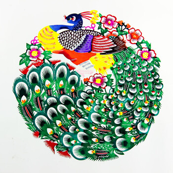 出国礼品中国风民间手工艺品送老外手工剪纸彩色窗花 彩色孔雀25cm