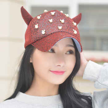 美伦格韩版春夏女士亮片珍珠牛角棒球帽 休闲鸭舌帽帽子遮阳帽 酒红色