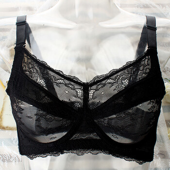 夏款无海绵蕾丝大码文胸胖mm内衣大胸显小罩杯性感女式胸罩 黑色 90c