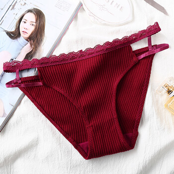 透气性感蕾丝女内裤甜美全棉少女裤衩纯棉低腰大码女士三角裤 酒红色