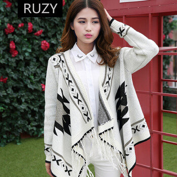 RUZY秋季流苏披肩毛衣短外套女 米白色 均码