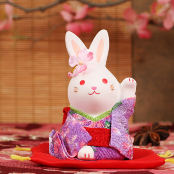 开罗 樱花和服兔子陶瓷摆件汽车车载招福礼物 进口紫色&高8.5cm
