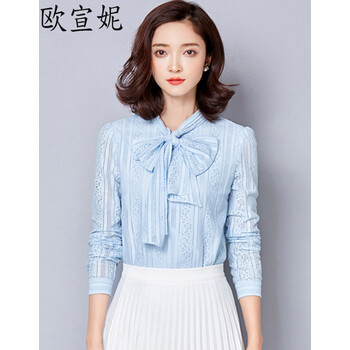 欧宣妮 雪纺衬衫女长袖2016春装新款韩版大码蝴蝶结修身蕾丝雪纺衫上衣潮 蓝色 XXL