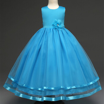 礼服公主裙春秋 女童新款蓬蓬连衣裙纱裙中大童表演裙中长款 天蓝色
