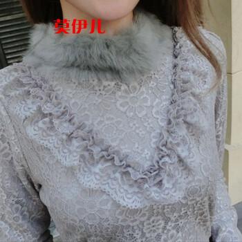 莫伊儿    2015秋冬新款长袖真兔毛加厚蕾丝打底衫长款韩版t恤女装上衣潮B 黑色 XL