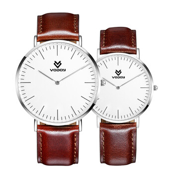 沃度(vodoy)圆形情侣手表一对轻薄6mm情人节皮带男女对表石英腕表防水