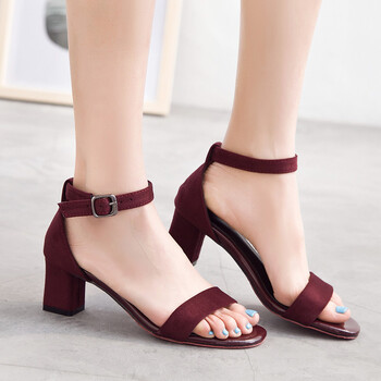 2018年夏季新款女鞋高跟粗跟凉鞋时尚鱼嘴一字鞋 酒红 35