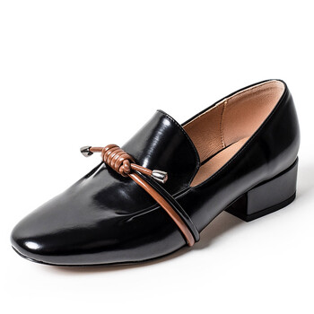 2018春款小皮鞋女学院风圆头浅口粗跟单鞋女中跟漆皮学生 黑色 35