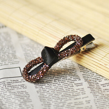 韩国手工水钻鱼嘴夹子刘海夹蝴蝶结发夹顶夹带钻边夹压夹发饰 咖啡橙