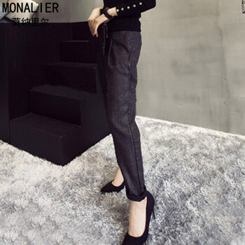 莫纳里尔monalier 2015冬季新款灰调英伦格纹哈伦裤女裤复古显瘦休闲毛呢西装裤长裤 灰色 M