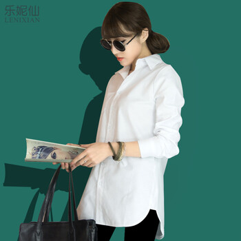 乐妮仙2015韩版新品修身中长款纯棉衬衣秋装女上衣白衬衫女长袖 白色 M