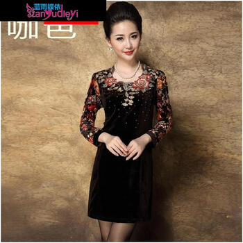 芮婕服装店*2014秋冬女装新款烫钻中年大码绣花金丝绒长袖连衣裙妈妈装 黑色 XXL