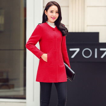 阿碧拉中长款毛呢大衣女 呢子外套女修身韩版圆领纯色修身显瘦外套女 大红色 M