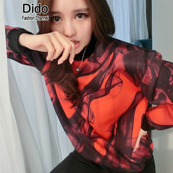Dido2016春秋季新款水墨卫衣女春红色圆领长袖3d印花套头绒衫上衣 图片色 S